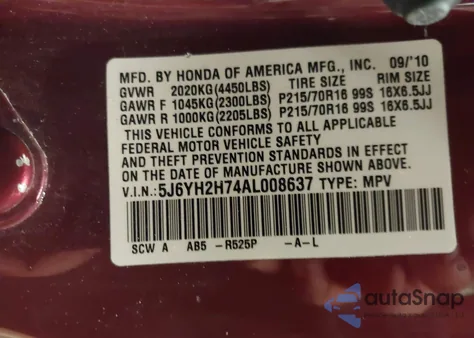 2010 Honda Element Ex from USA, damaged, VIN 5J6YH2H74AL008637